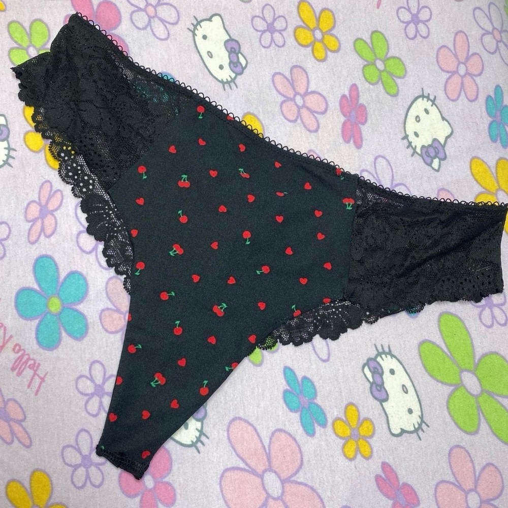 VS PINK BLACK RED CHERRIES HEARTS LACE THONG